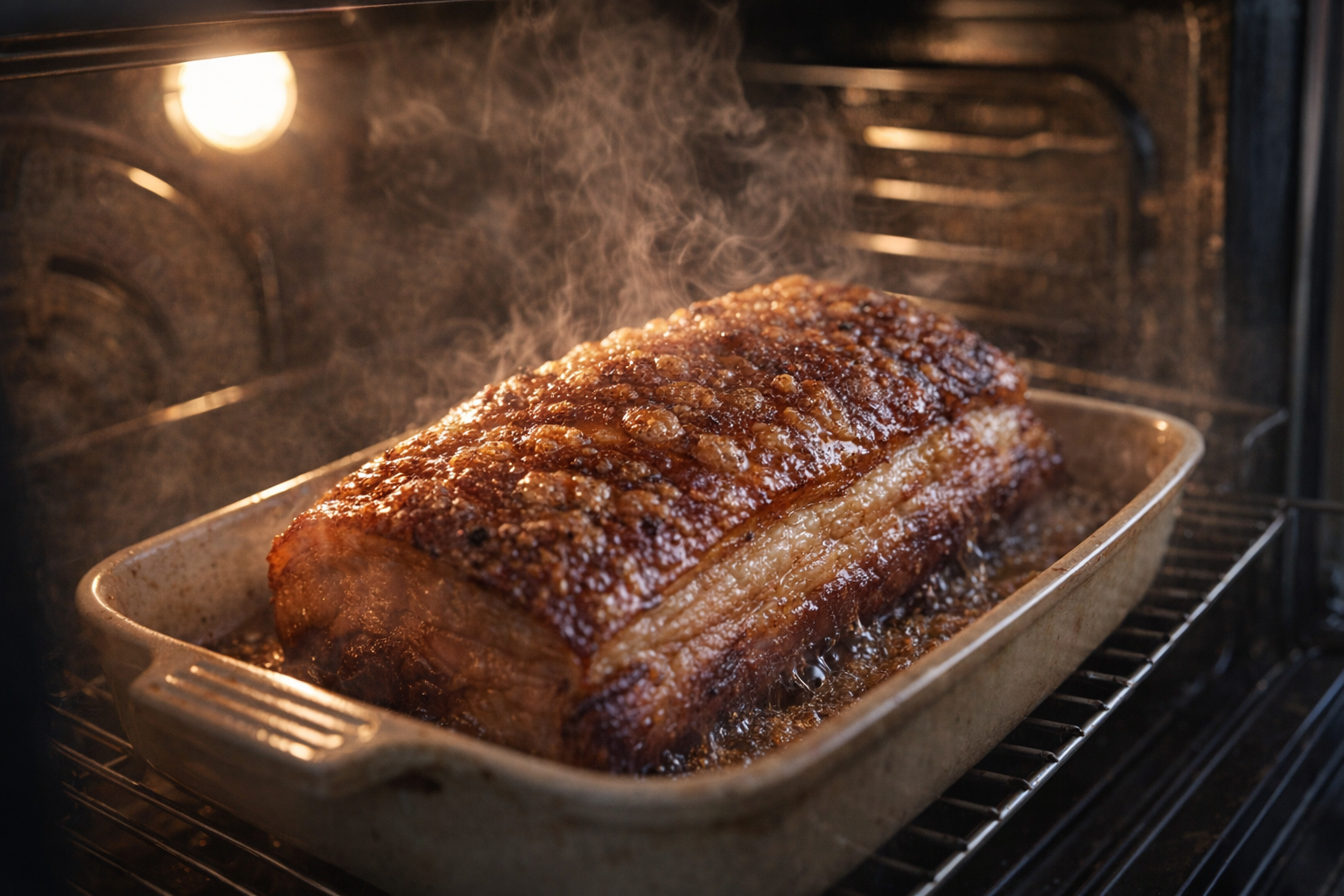 A 45-degree angle shot of pork belly roasting in the oven, golden brown skin bubbling, steam rising, oven light illuminating the scene